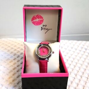 Besty Johnson Crystal Hot Pink Leather Watch